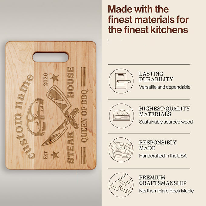 Queen of BBQ โ Personalized Maple Cutting Board with Name & Date