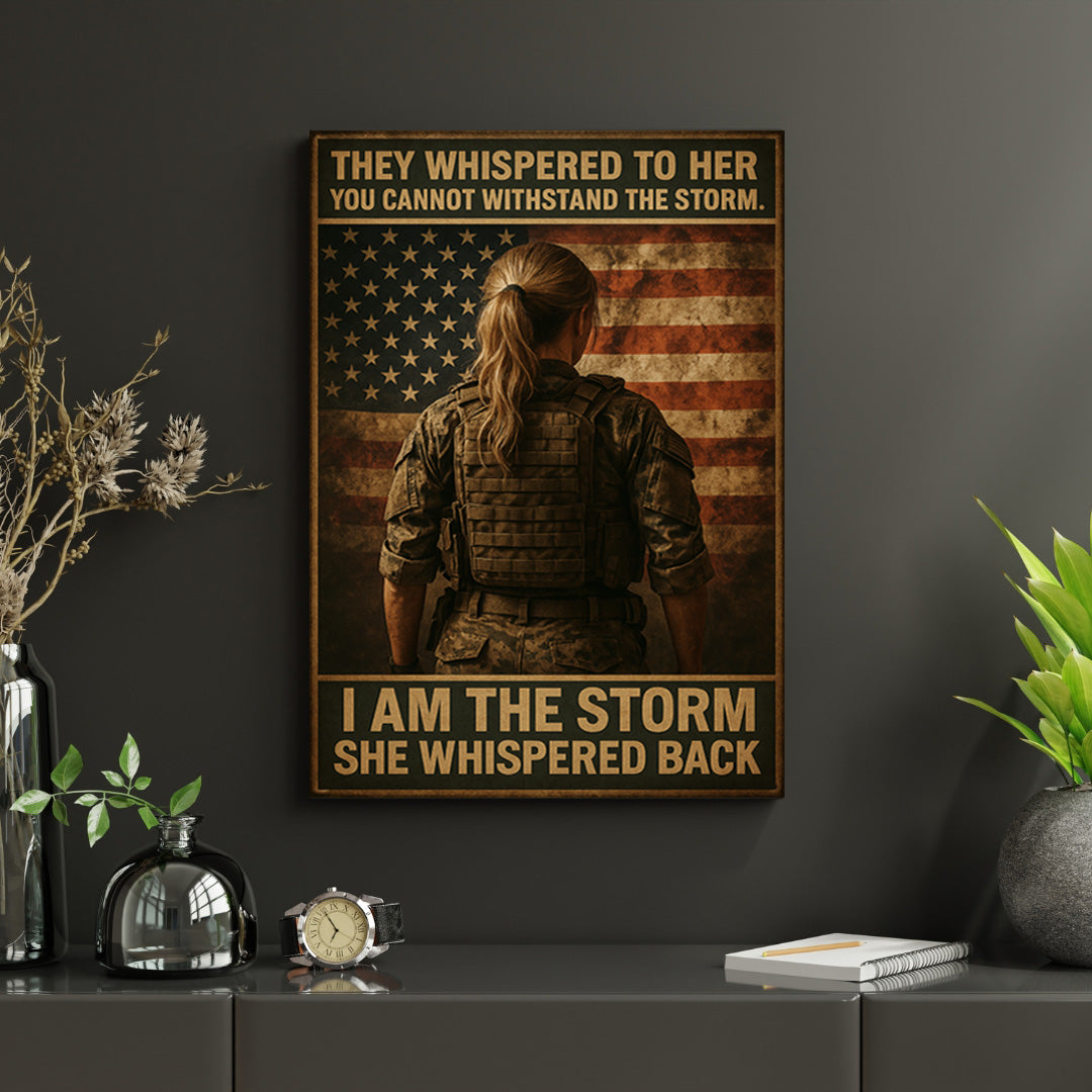 "I Am the Storm" – Female Soldier Matte Canvas Print