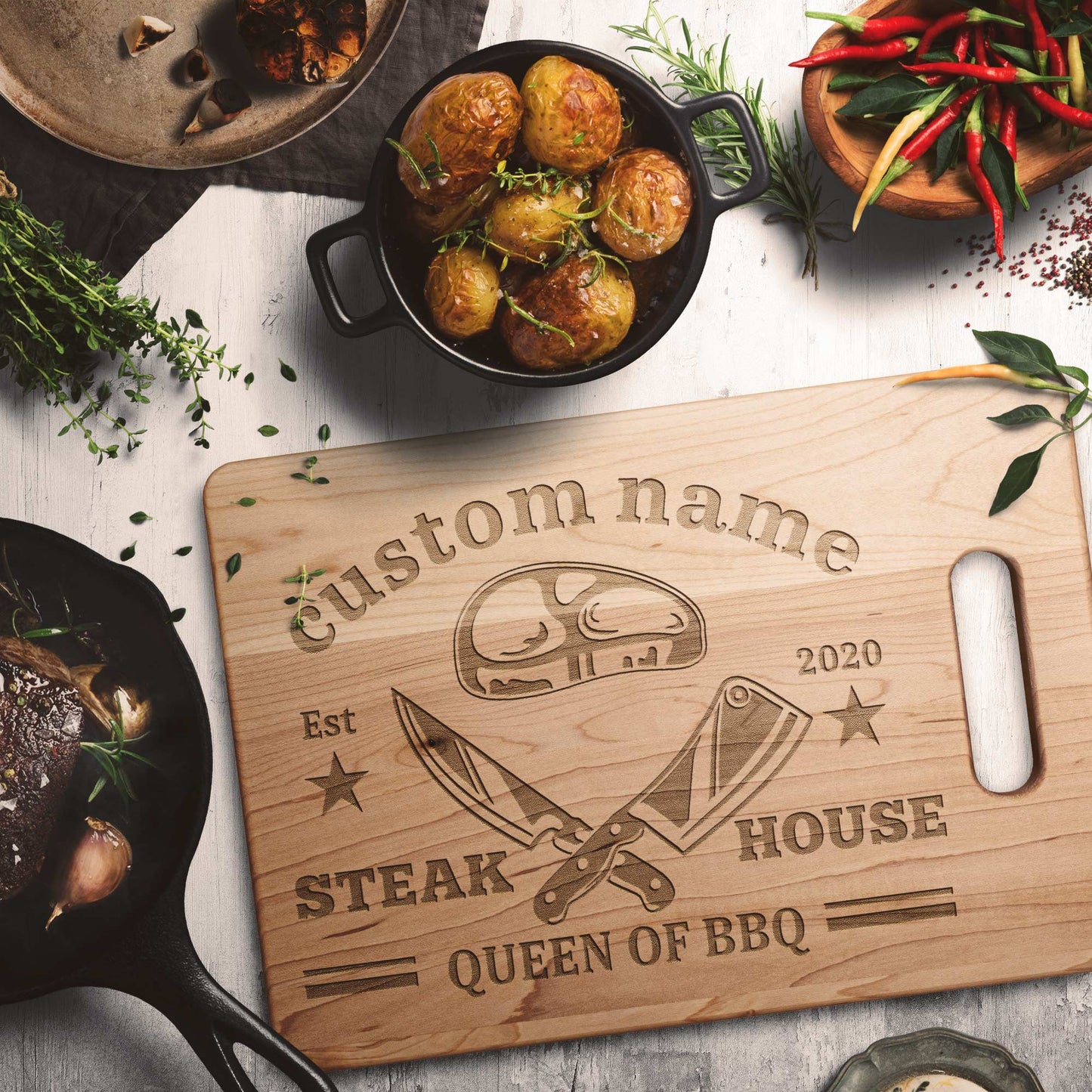 Queen of BBQ โ Personalized Maple Cutting Board with Name & Date
