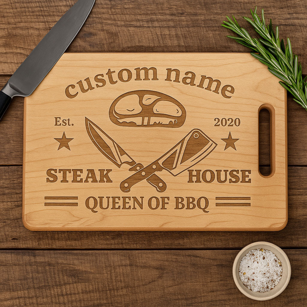 Queen of BBQ โ Personalized Maple Cutting Board with Name & Date