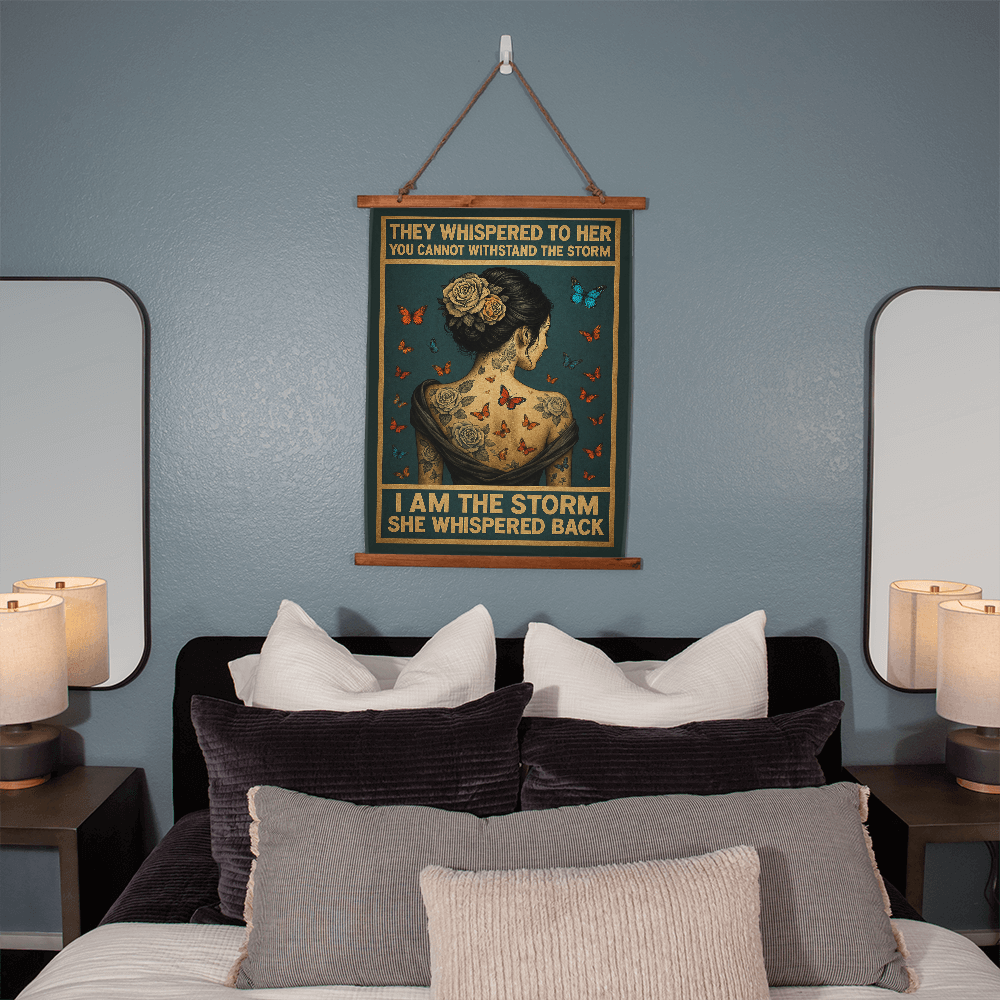 36"x26" - "I Am the Storm" Boho Wall Tapestry – Inspirational Quote & Vintage Wood Frame