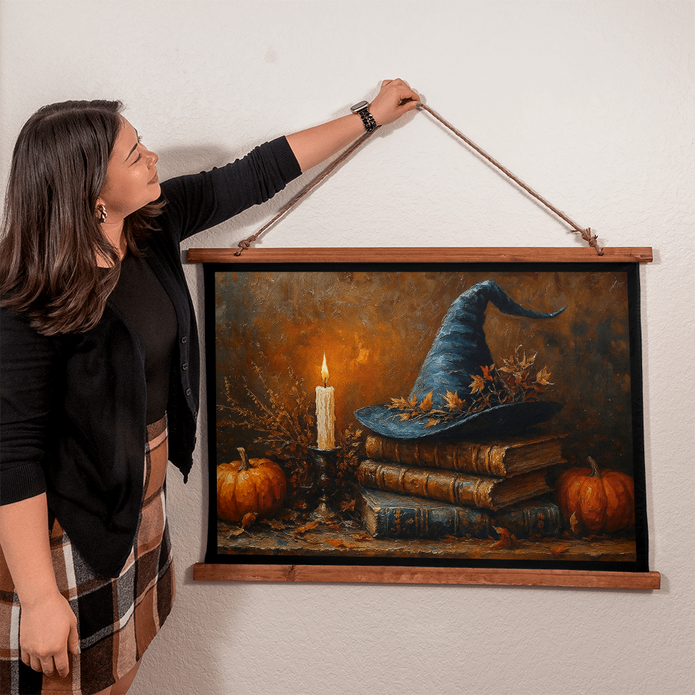 36"x26" – Witch Hat & Pumpkin Wood-Framed Wall Tapestry – Halloween & Autumn Home Decor