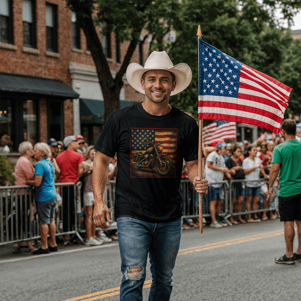 American Rider" β Vintage Biker Flag Tee