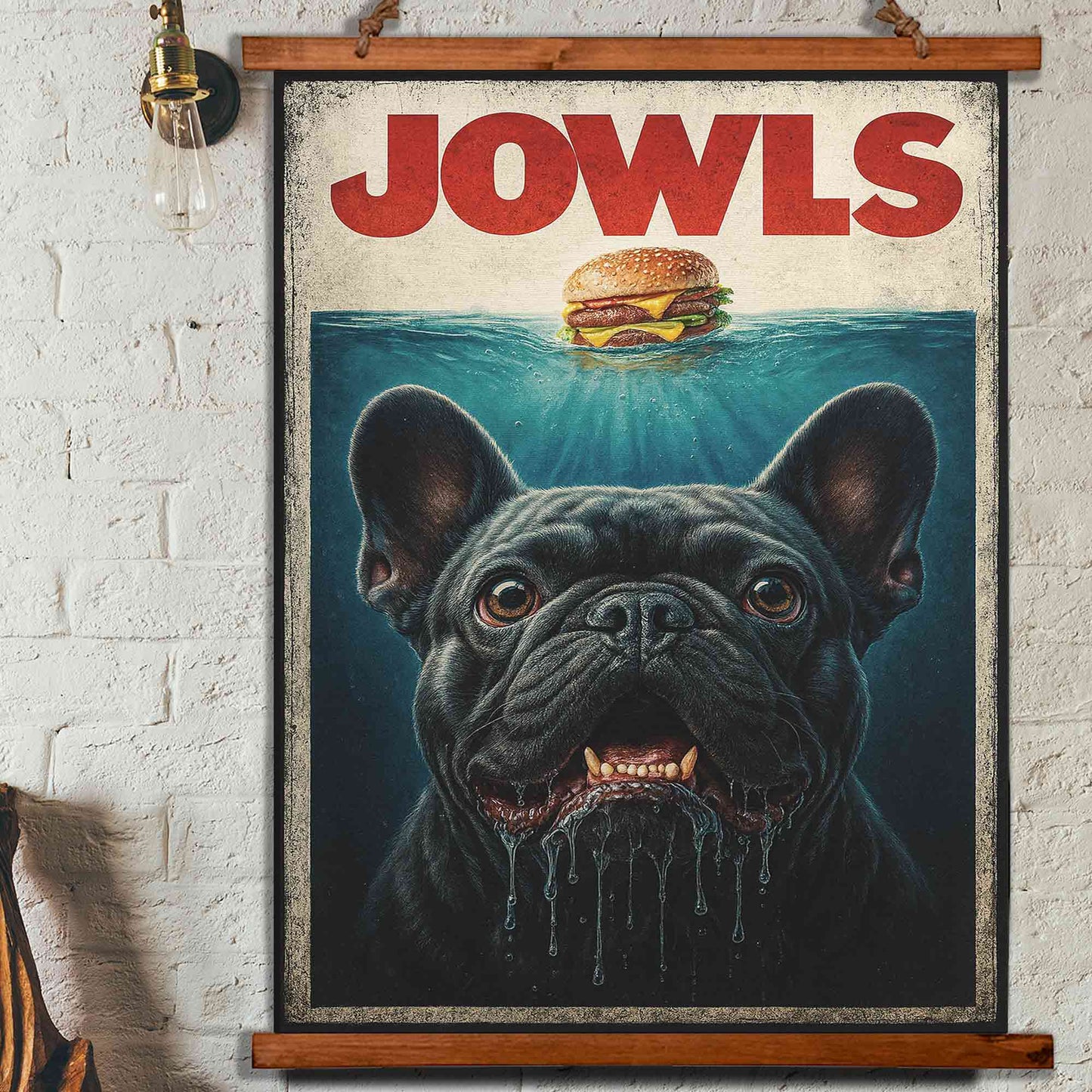 36"x26" – “JOWLS” Wood-Framed Wall Tapestry – Funny Dog Lover Home Decor
