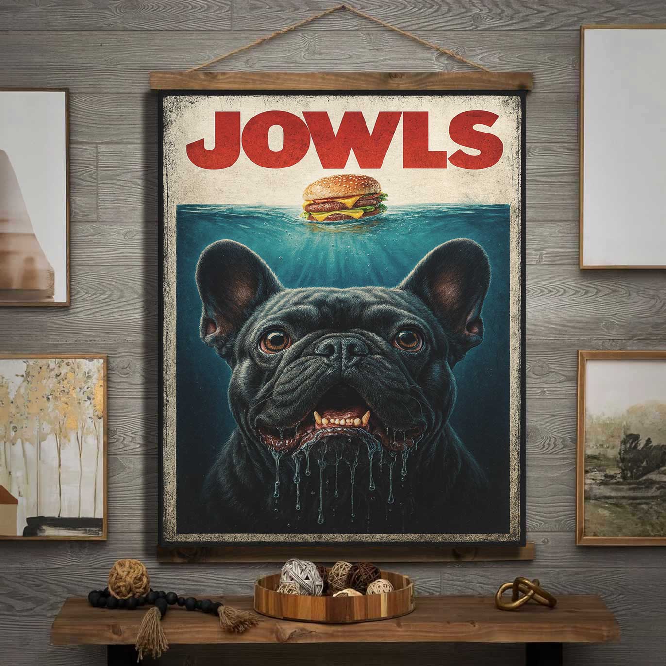 36"x26" – “JOWLS” Wood-Framed Wall Tapestry – Funny Dog Lover Home Decor