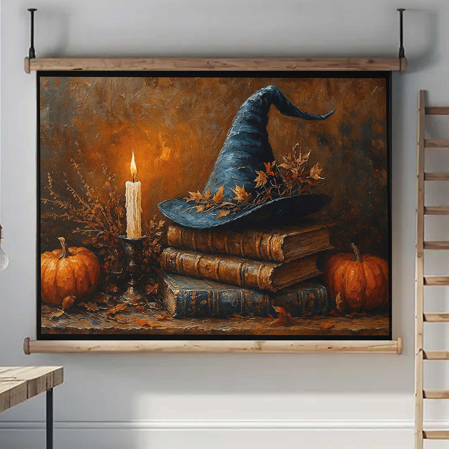36"x26" – Witch Hat & Pumpkin Wood-Framed Wall Tapestry – Halloween & Autumn Home Decor