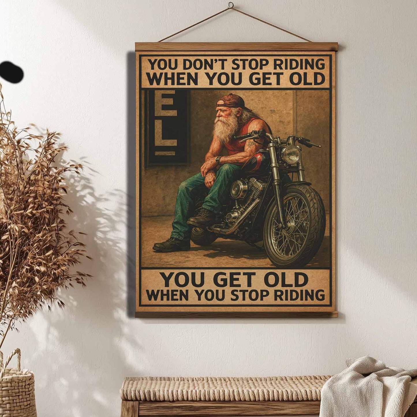 Large 36"x26" – ‘You Don’t Stop Riding’ – Wood-Framed Wall Tapestry for Bikers
