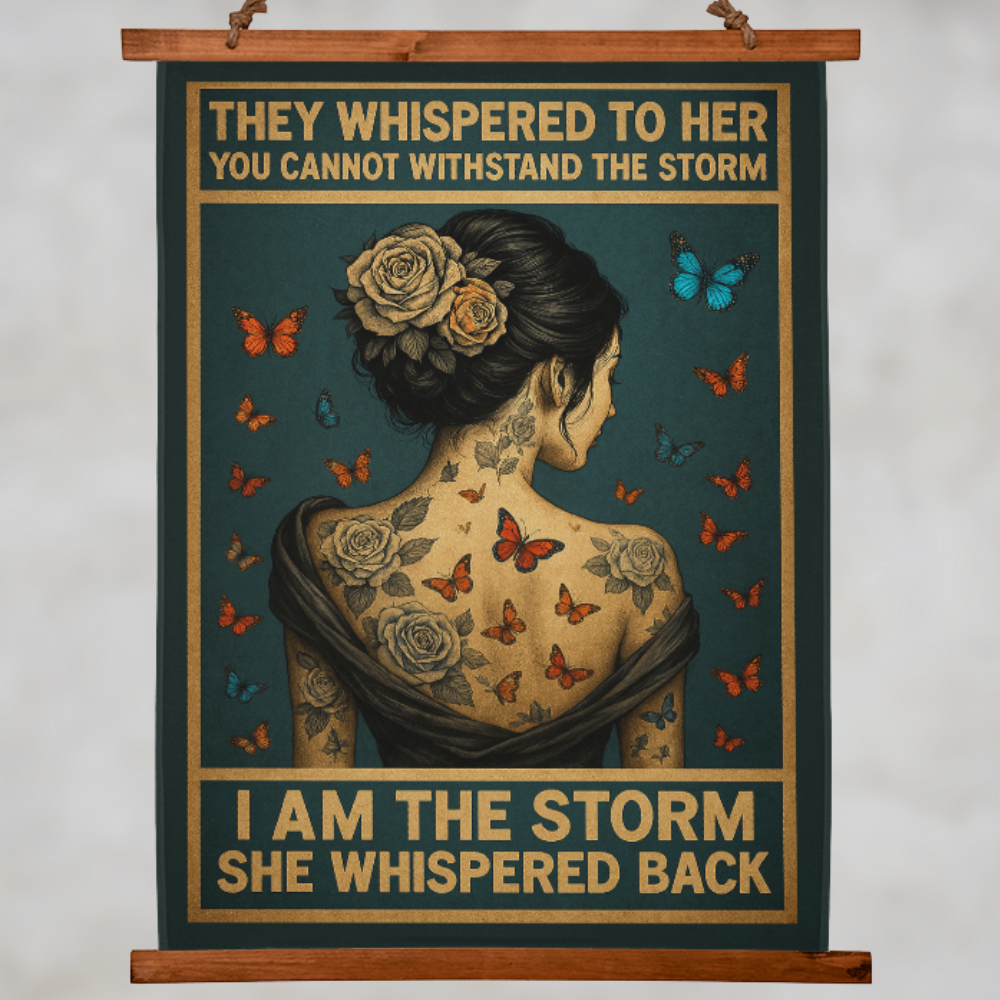 36"x26" - "I Am the Storm" Boho Wall Tapestry – Inspirational Quote & Vintage Wood Frame