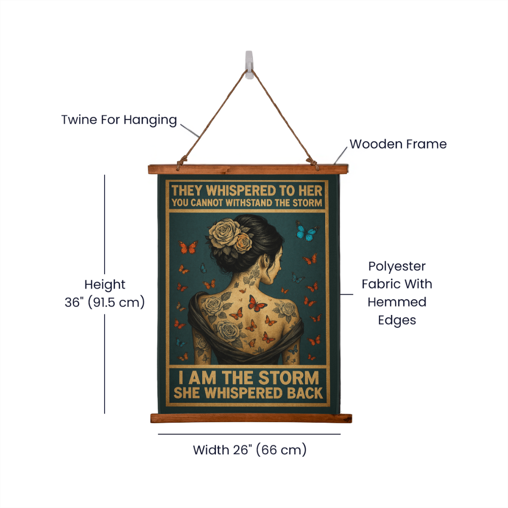 36"x26" - "I Am the Storm" Boho Wall Tapestry – Inspirational Quote & Vintage Wood Frame