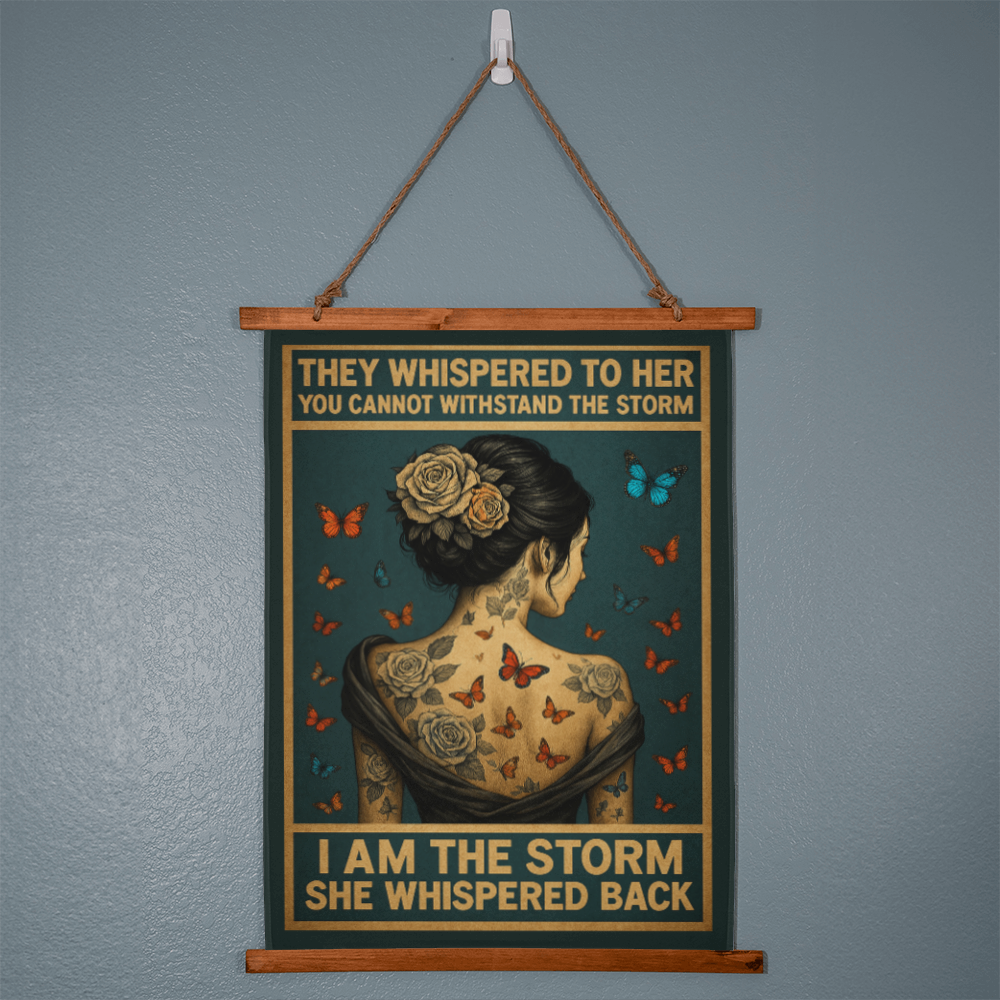 36"x26" - "I Am the Storm" Boho Wall Tapestry – Inspirational Quote & Vintage Wood Frame