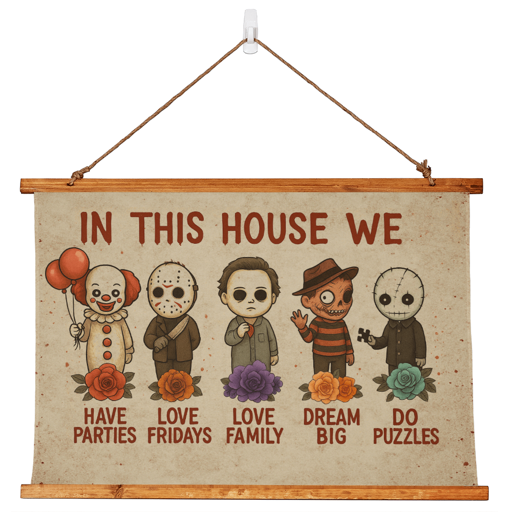 36×26 – In This House We Love Horror – Wood-Framed Tapestry