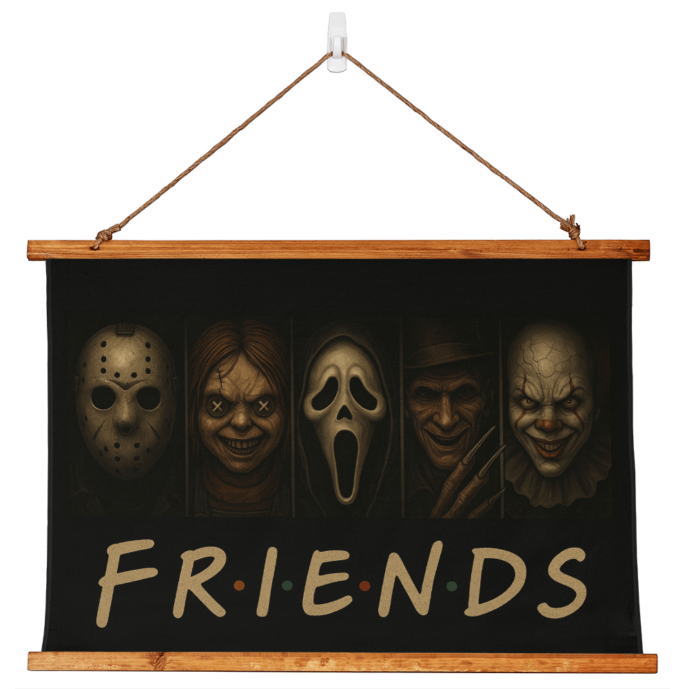 36" x 26" – “FRIENDS?” Horror Wall Tapestry – Wood-Framed Creepy Decor