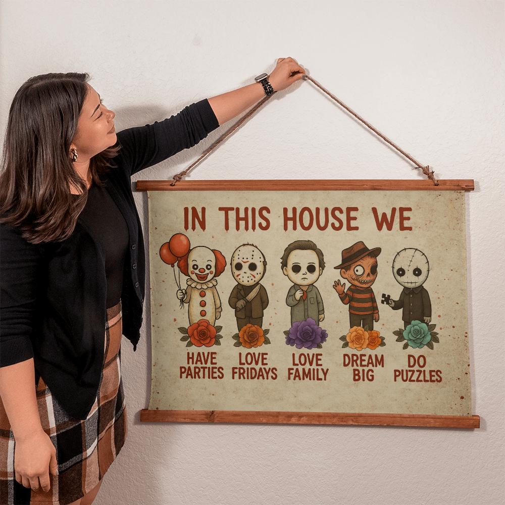 36×26 – In This House We Love Horror – Wood-Framed Tapestry