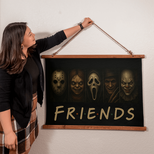 36" x 26" – “FRIENDS?” Horror Wall Tapestry – Wood-Framed Creepy Decor
