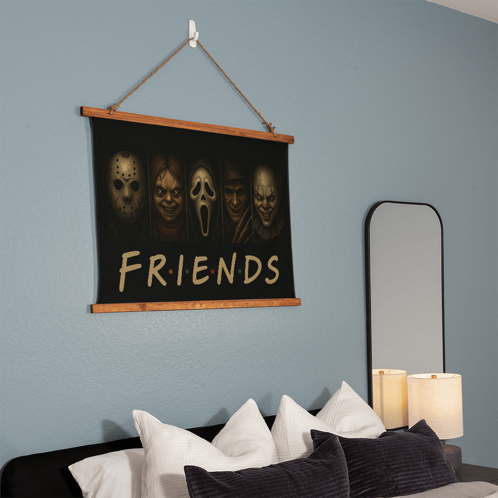 36" x 26" – “FRIENDS?” Horror Wall Tapestry – Wood-Framed Creepy Decor