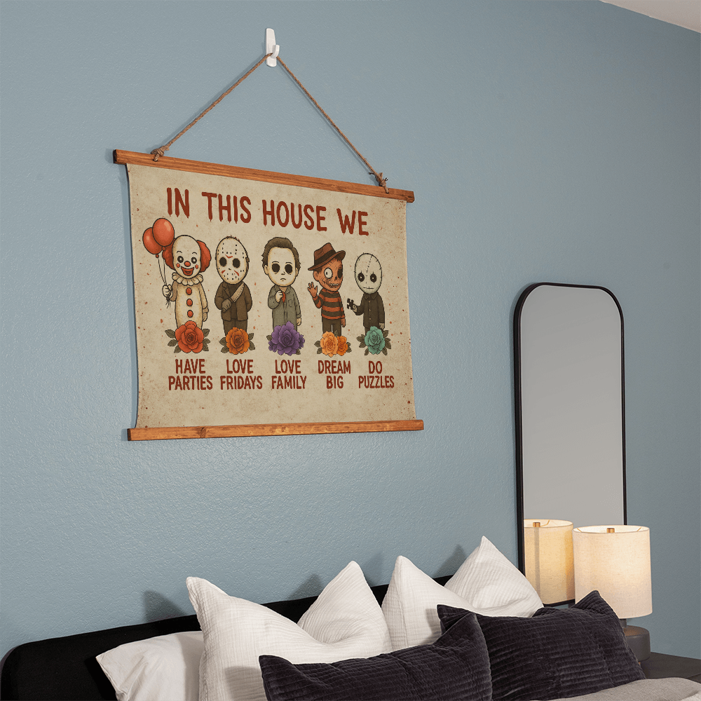 36×26 – In This House We Love Horror – Wood-Framed Tapestry