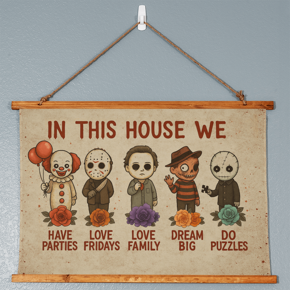 36×26 – In This House We Love Horror – Wood-Framed Tapestry