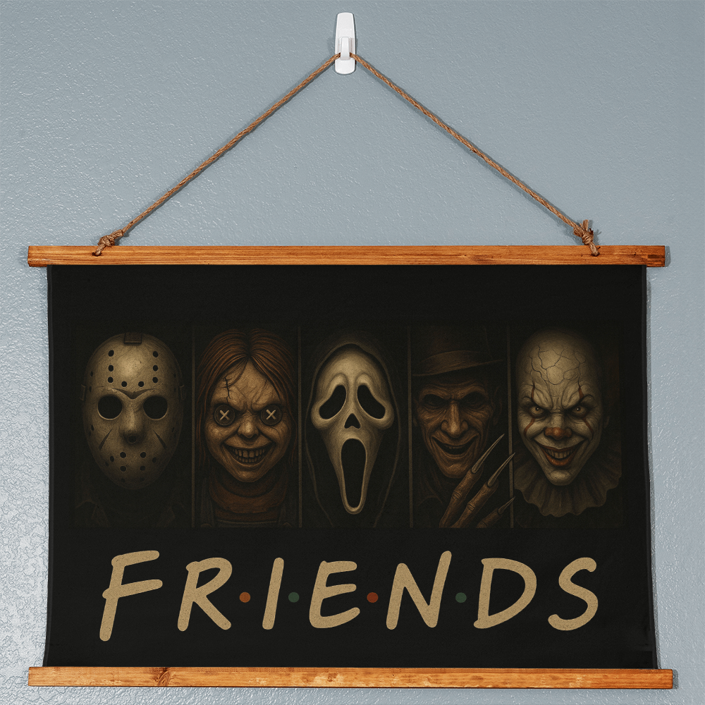 36" x 26" – “FRIENDS?” Horror Wall Tapestry – Wood-Framed Creepy Decor