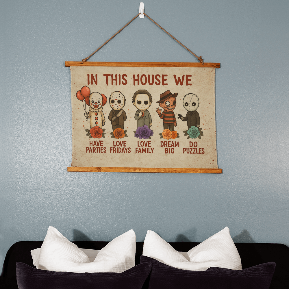 36×26 – In This House We Love Horror – Wood-Framed Tapestry
