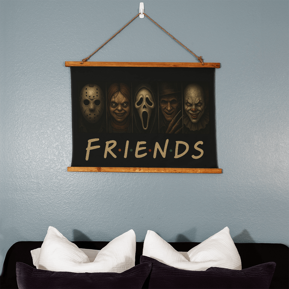 36" x 26" – “FRIENDS?” Horror Wall Tapestry – Wood-Framed Creepy Decor