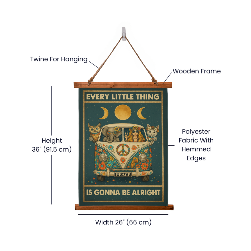 36”x26” – “Every Little Thing is Gonna Be Alright” Boho Wall Tapestry with Vintage Wood Frame