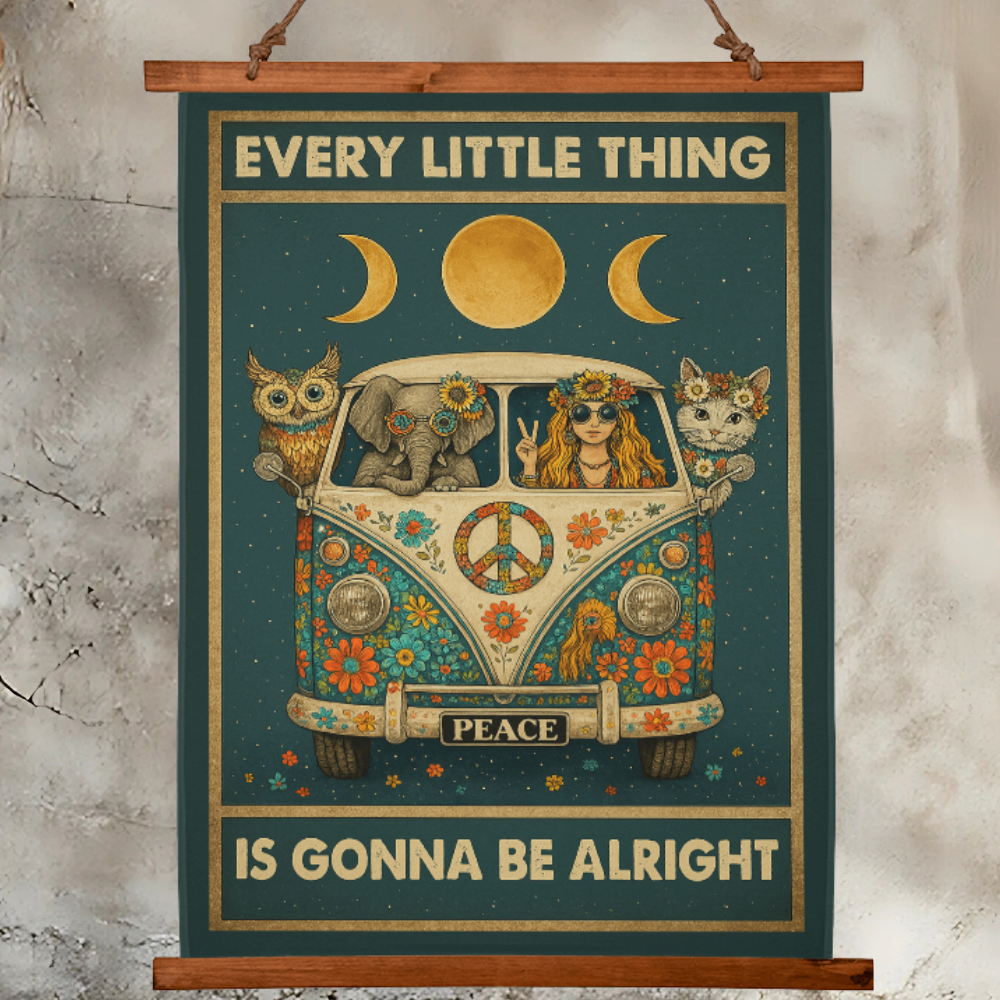 36”x26” – “Every Little Thing is Gonna Be Alright” Boho Wall Tapestry with Vintage Wood Frame