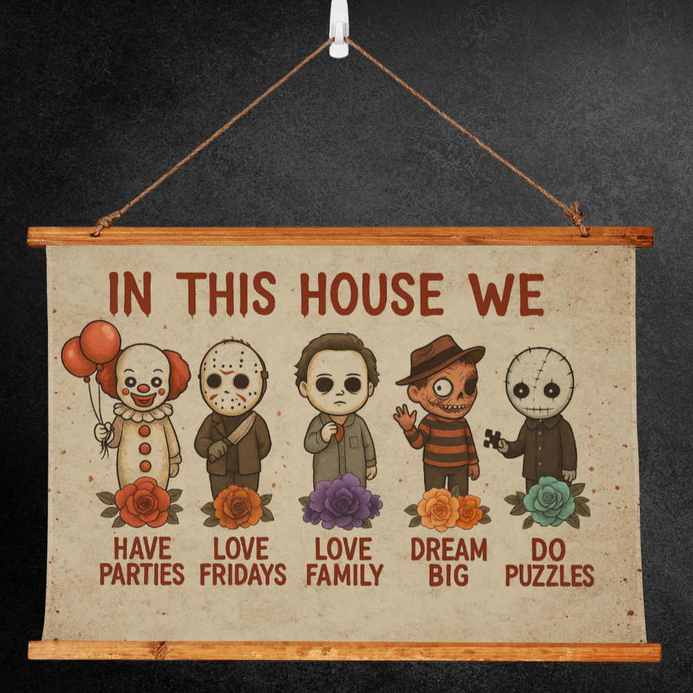 36×26 – In This House We Love Horror – Wood-Framed Tapestry