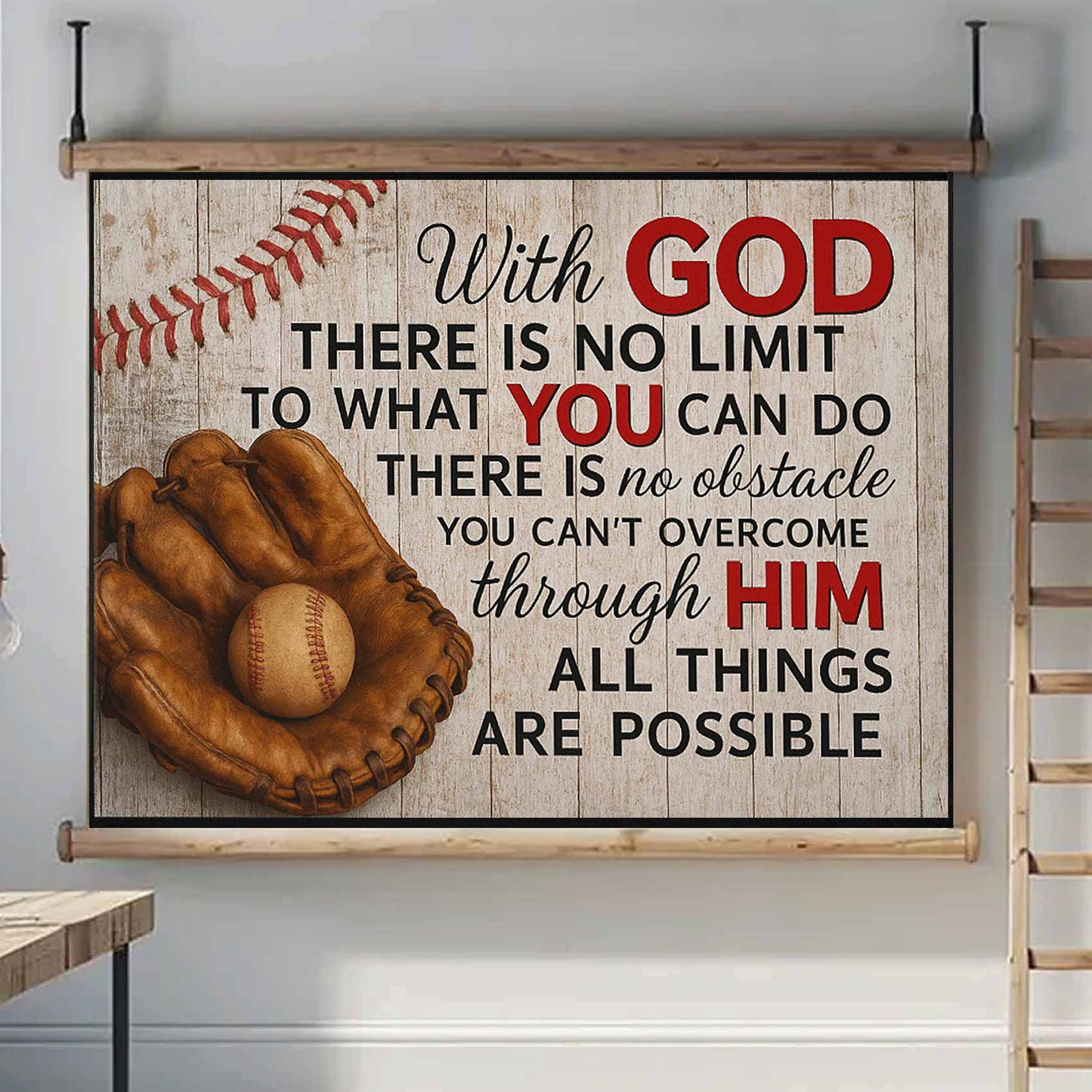 36”x26” - Faith & Baseball – Wood-Framed Wall Tapestry
