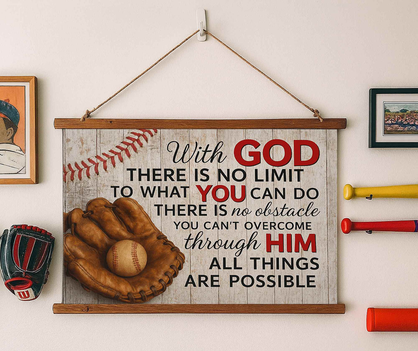 36”x26” - Faith & Baseball – Wood-Framed Wall Tapestry