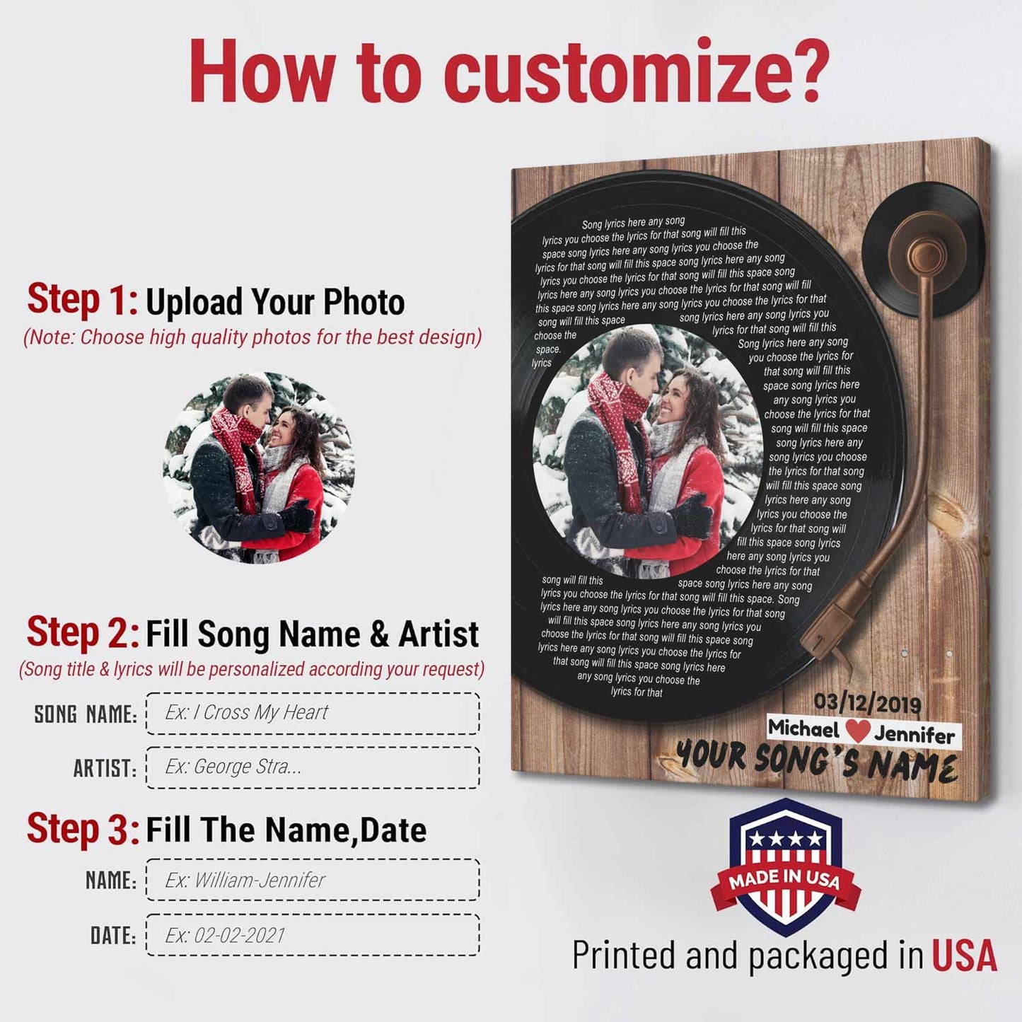 16"×20" – Custom Couple Photo, Name & Date With Song Lyrics – Canvas Wall Art