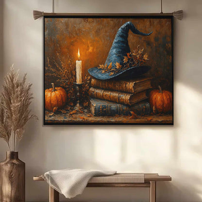 36"x26" – Witch Hat & Pumpkin Wood-Framed Wall Tapestry – Halloween & Autumn Home Decor