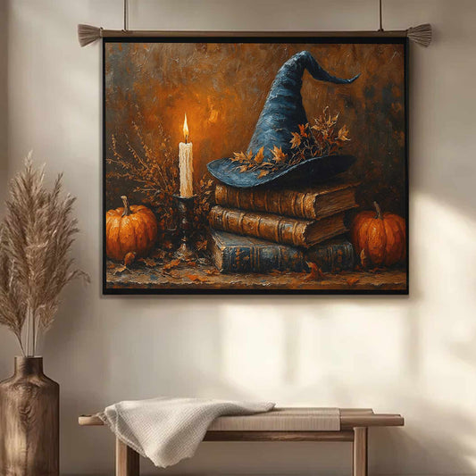 36"x26" – Witch Hat & Pumpkin Wood-Framed Wall Tapestry – Halloween & Autumn Home Decor