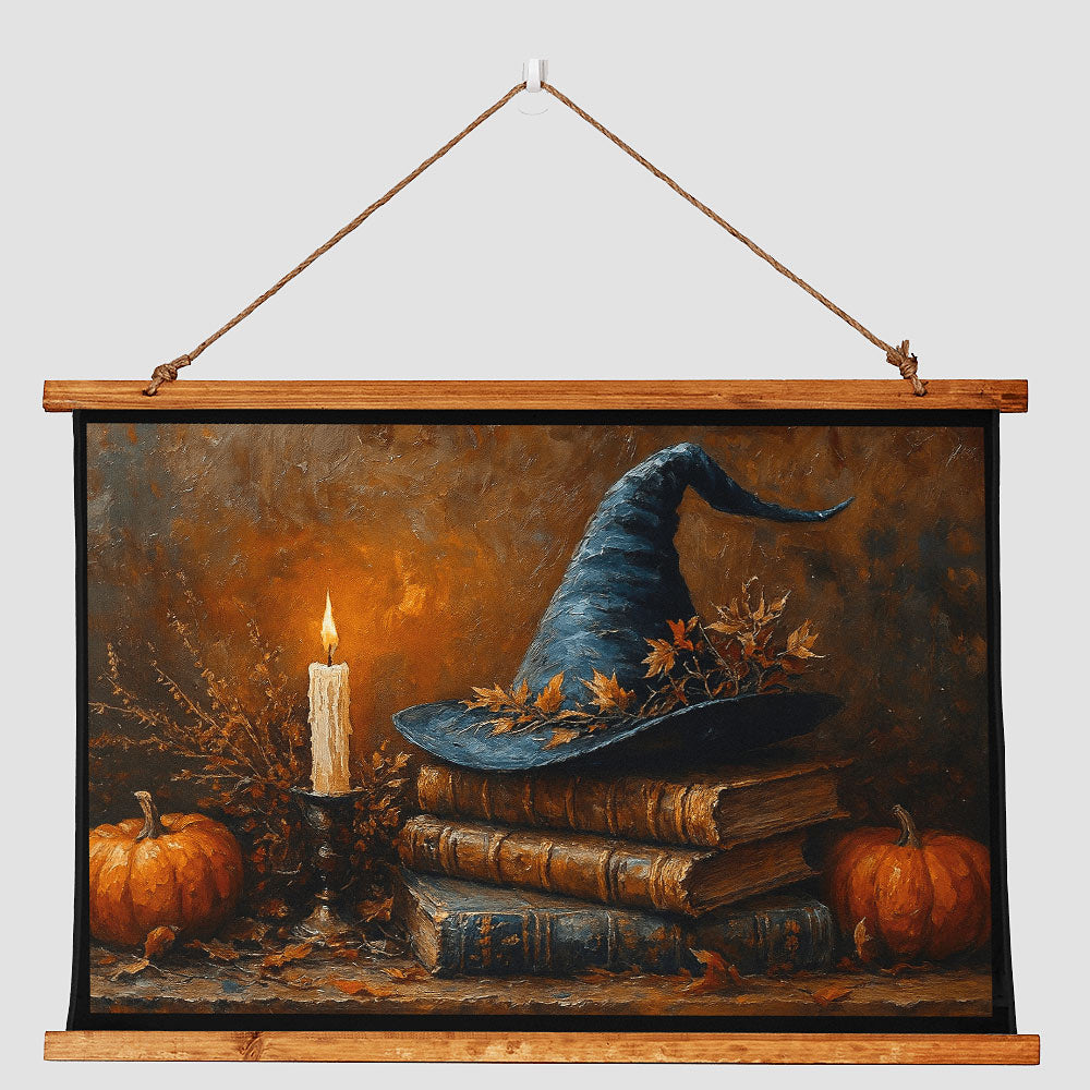 36"x26" – Witch Hat & Pumpkin Wood-Framed Wall Tapestry – Halloween & Autumn Home Decor