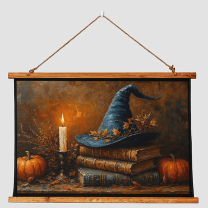 36"x26" – Witch Hat & Pumpkin Wood-Framed Wall Tapestry – Halloween & Autumn Home Decor
