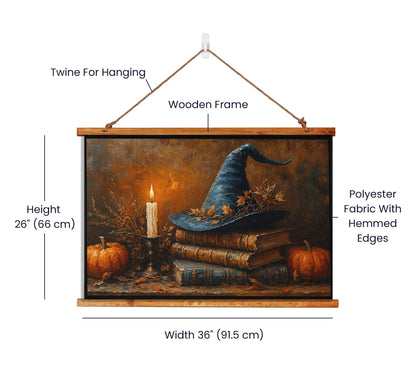 36"x26" – Witch Hat & Pumpkin Wood-Framed Wall Tapestry – Halloween & Autumn Home Decor