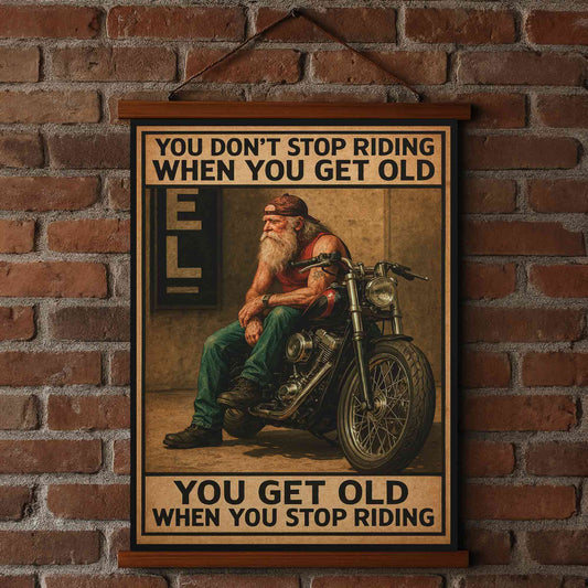 Large 36"x26" – ‘You Don’t Stop Riding’ – Wood-Framed Wall Tapestry for Bikers