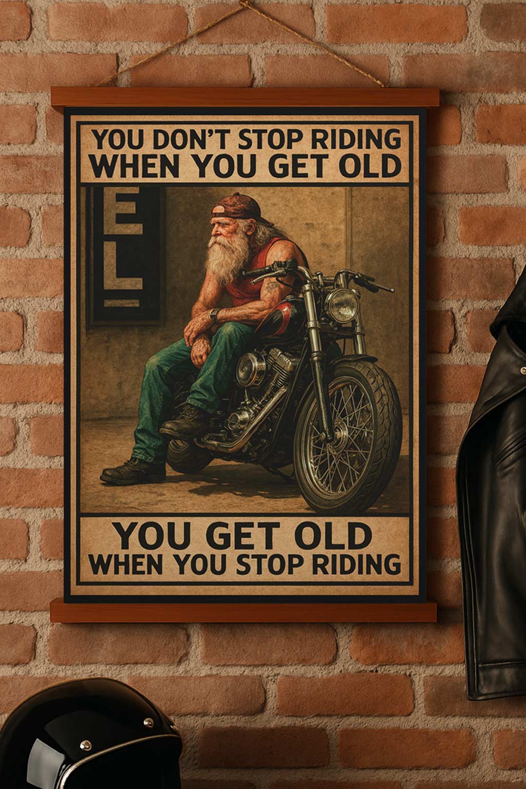 Large 36"x26" – ‘You Don’t Stop Riding’ – Wood-Framed Wall Tapestry for Bikers