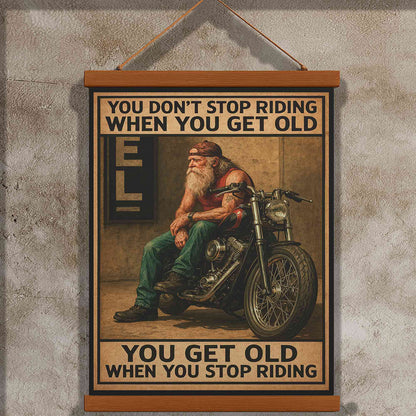 Large 36"x26" – ‘You Don’t Stop Riding’ – Wood-Framed Wall Tapestry for Bikers