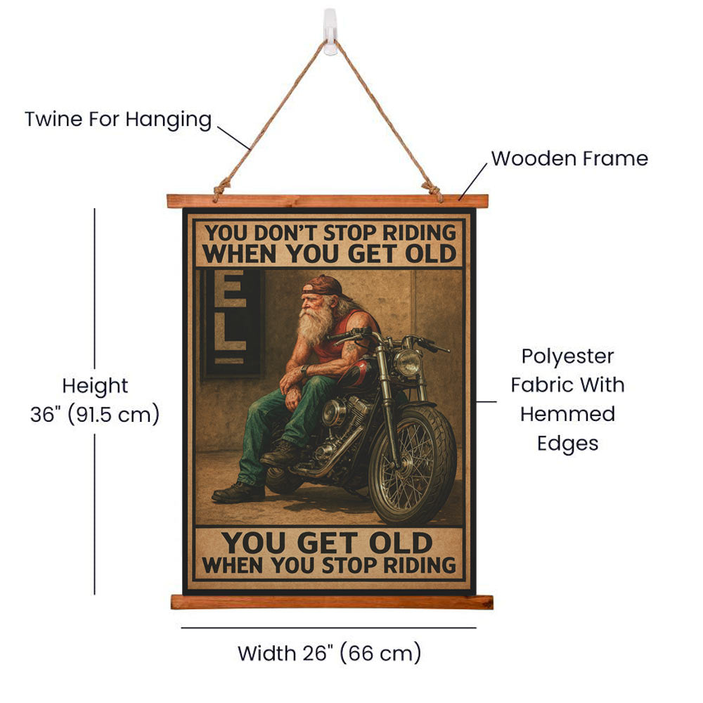 Large 36"x26" – ‘You Don’t Stop Riding’ – Wood-Framed Wall Tapestry for Bikers